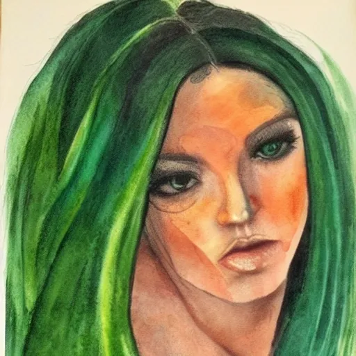 Mujer morena, bruja moderna, sensual, ojos grandes, cabello ondulado de color verde con negro. cuadro solo hasta la cintura, ,,  Water Color