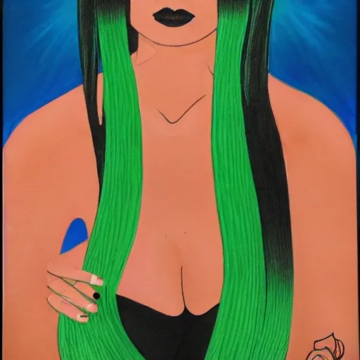 Mujer morena, bruja moderna, sensual, ojos grandes, cabello ondulado de color verde con negro. cuadro solo hasta la cintura, , semi realista, anime