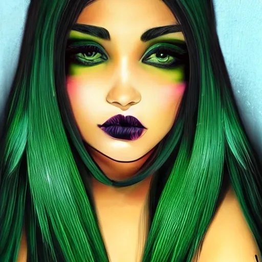 Mujer morena, bruja moderna, sensual, ojos grandes, cabello ondulado de color verde con negro. , semi realista, anime