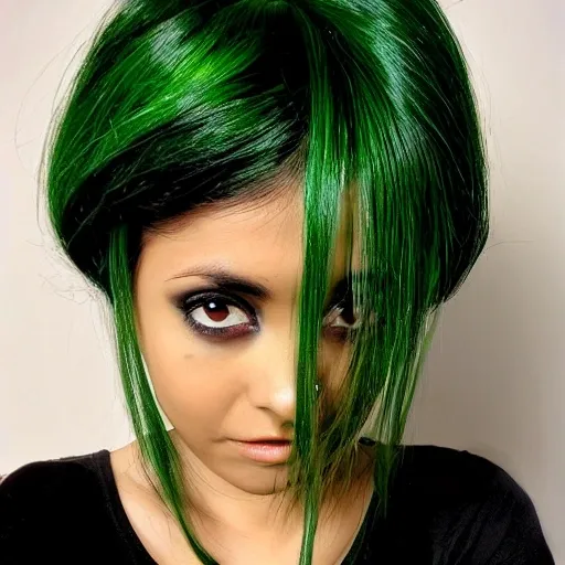 Mujer morena, bruja moderna, sensual, ojos grandes, cabello ondulado de color verde con negro. , anime