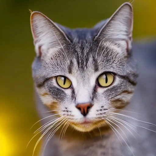 foto de cara de gato  con bokeh, fondo pradera,  lente 35mm, f.1.1, velocidad 200, luz dorada gato color amarillo y negro 