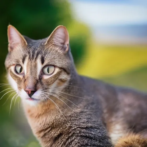 foto de  gato sonriendo en un paisaje de montaña  con bokeh, fondo pradera,  lente 35mm, f.1.1, velocidad 200, luz dorada gato color amarillo y negro 