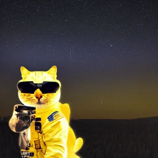 foto de  gato con casco de astronauta en un paisaje lunar
  con bokeh, fondo pradera,  lente 35mm, f.1.1, velocidad 200, luz dorada gato color amarillo y negro 