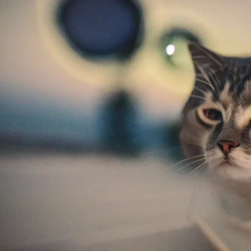 foto de gato con casco de astronauta en un paisaje lunar flotando por la falta de gravedad con bokeh, lente 35mm, f.1.1, velocidad 200, luz dorada gato color negro y gris