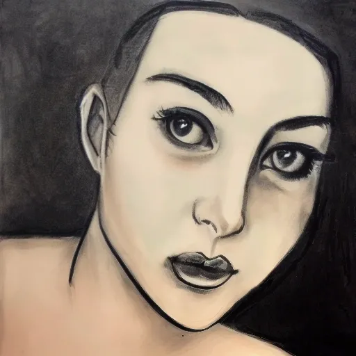 Beautiful girl, empty eyes, clear selfie, seductive gaze, charcoal drawing, Cartoon, Oil Painting