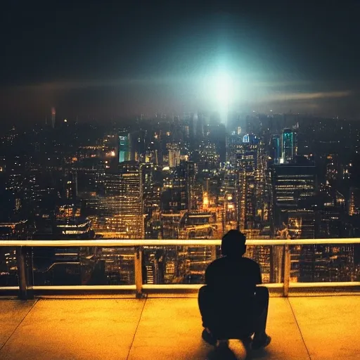 a woman crying down on her knees  and a man stands looking at the opossite way, set against a a big city at night, cinematic, high contrast, rim light,  fiery effect, realistic photo, extremely detailed, masterpiece