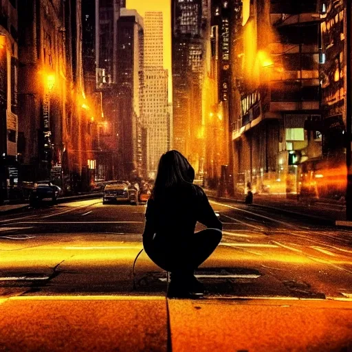 a woman crying down on her knees  and a man stands looking at the opossite way, set against a a big city at night, cinematic, high contrast, rim light,  fiery effect, realistic photo, extremely detailed, masterpiece