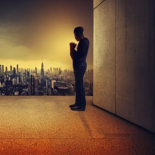 a woman crying on the floor and a man standing looking at the opposite way, set against a a big city at night, cinematic, rim light,  fiery effect, realistic photo, extremely detailed, masterpiece