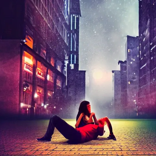 a woman crying on the floor and a man standing looking at the opposite way, set against a a big city at night, cinematic, fiery effect, realistic photo, extremely detailed, masterpiece