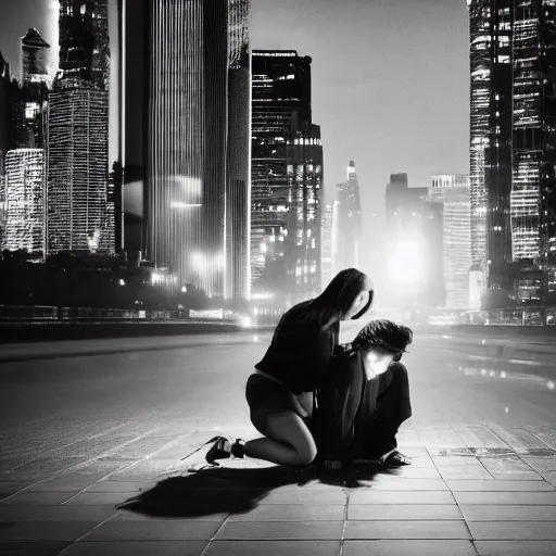 a woman crying on the floor and a man standing looking at the opposite way, set against a a big city at night, cinematic, fiery effect, realistic photo, extremely detailed, masterpiece