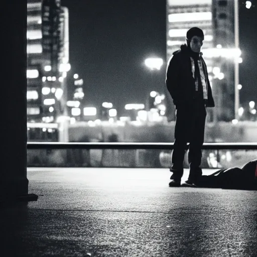 a woman crying on the floor and a man standing looking at the opposite way, set against a a big city at night, cinematic, fiery effect, realistic photo, extremely detailed, masterpiece