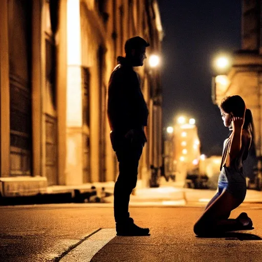 a woman crying on the floor and a man standing looking at the opposite way, set against a a big city at night, cinematic, realistic photo, extremely detailed, masterpiece