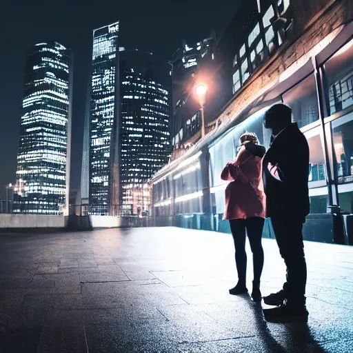 a woman crying on the floor and a man standing looking at the opposite way, set against a a big city at night, cinematic, realistic photo