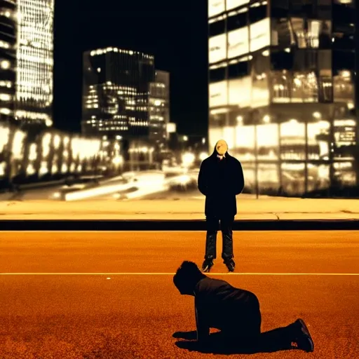 a woman crying on the floor and a man standing looking at the opposite way, set against a a big city at night, realistic photo