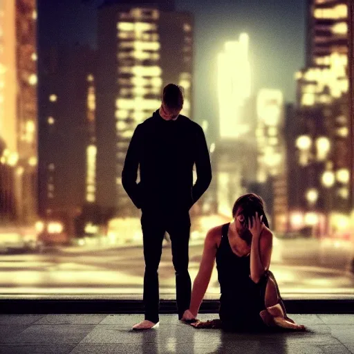 a woman crying on the floor and a man standing looking at the opposite way, set against a a big city at night, realistic photo