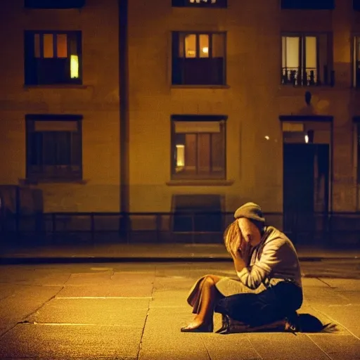 a woman crying on the floor and a man standing looking at the opposite way, set against a a big city at night