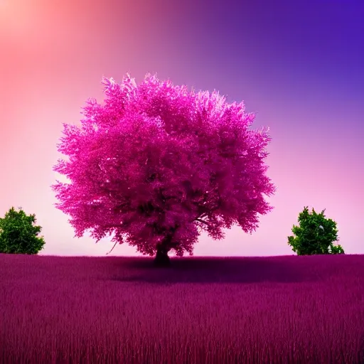((one tree with a pink trunk and shiny white leaves)) in a country side with ((purple grass)) ((sunset background)), 3D, highly detailed, 8k render, intrincated, minimalist style
