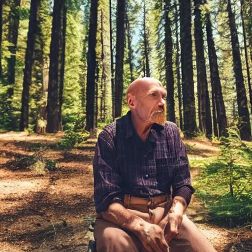  old man, dressed with brown pants, a white shirt and a brown vest. He's bald, has a white beard. He's sitting on a log, in the middle of a pine forest. Sun filters. Its summer,  Cartoon