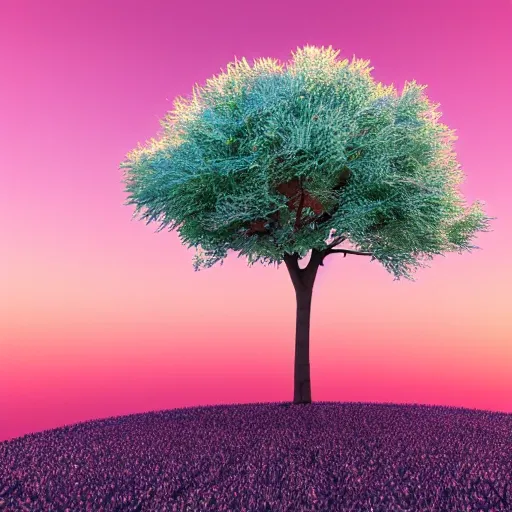((one tree with a pink trunk and shiny blue leaves)) in a country side with ((blue grass)) ((sunset background)), 3D, highly detailed, 8k render, intrincated, minimalist style