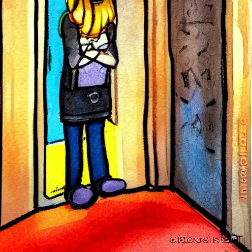 stuck in elevator alone, Cartoon, Oil Painting, Water Color