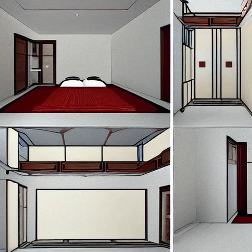 interior desing of a bedroom inspired on the fire nation 3D
