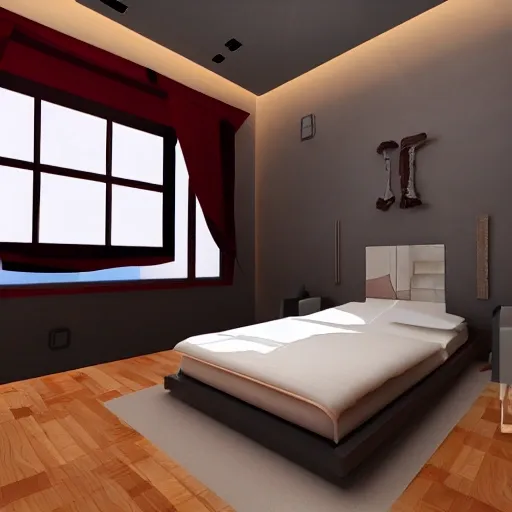 interior desing of a bedroom inspired on the fire nation, 3D
