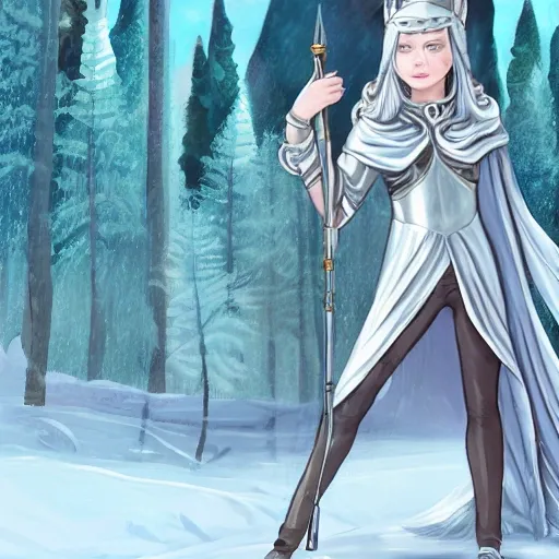 a girl dressed in a silver tunic with a moon emblem on the chest, Artemis' daughter, silver cloak, silver hair, detailed costumes, a wolf lying next to the girl's side, romanticized figures, charming illustrations, digital art techniques, snowy forest, campfire, warm color tone, aspect ratio 16:9, 4k HQ, realistic lighting and reflection