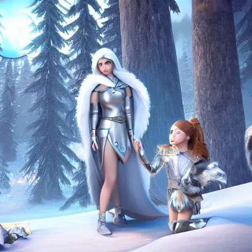 a girl dressed in a silver tunic with a moon emblem on the chest, Artemis' daughter, silver cloak, silver hair, detailed costumes, a wolf lying next to the girl's side, romanticized figures, charming illustrations, digital art techniques, snowy forest, campfire, warm color tone, aspect ratio 16:9, 4k HQ, realistic lighting and reflection, Unreal Engine 5