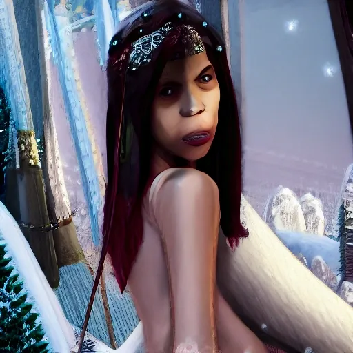 beautiful young girl, tall, graceful, beautiful, dark brown eyes, slightly upturned nose, copper-coloured skin, long dark hair with silver circlet braided into the top, Persian princess, Snowy forest background, oil on canvas, trending on artstation, featured on pixiv, cinematic composition, extreme detail, metahuman creator ,(best quality:1.4), ((masterpiece)),((realistic)), (detailed)