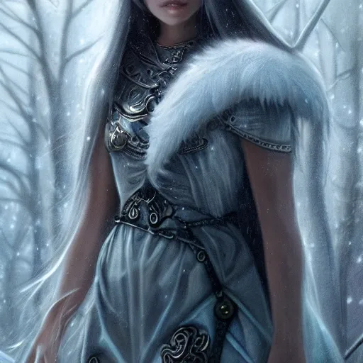 a girl dressed in silver silver tunic, moon emblem on the chest, silver cloak, silver hair, detailed costumes, walking in a snowy forrest, a wolf lying next to the girl's side, oil on canvas, art by WLOP, trending on artstation, featured on pixiv, cinematic composition, extreme detail, metahuman creator ,best quality, masterpiece, realistic, detailed