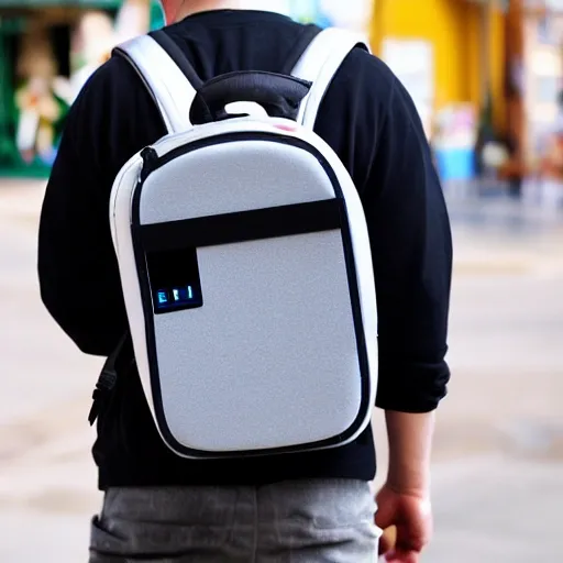 person with a backpack that has a LCD screen on the back to advertise things, realistic