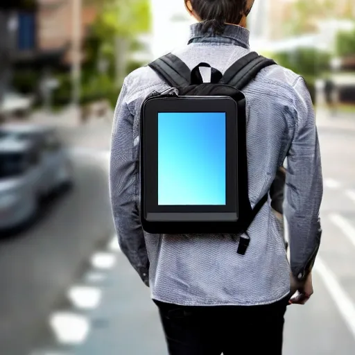 person with a backpack that has a big LCD screen on the back to advertise things, realistic