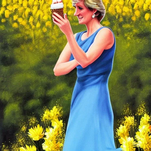 princess diana dancing in a park of yellow flowers with a light blue sky while eating ice cream, Trippy, Oil Painting