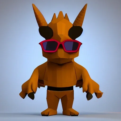 A standing triangular dinosaur with horns, wearing pixel sunglasses, wearing furry clothes, with a lot of decorations on the head and clothes, standing on the realistic ground, presenting the effect of a toy blind box. This is a full-body shot with soft tones and a clean background, showing high image quality and detail expression. The shadows and light are soft, and the overall image has a cartoon style.It was created using C4D software and can be found on Pinterest and Behance. The blind box style features a standing triangular dinosaur with horns, wearing pixel sunglasses and furry clothes, with edge lighting and high-contrast, top-quality 8K to make an exaggerated pose.Paired with cinematic lighting and a clean white background along with a sophisticated color scheme, it creates a full-body 3D model that is charming and captivating with big eyes, a small mouth, and adorable movements, making it an irresistible fashionable blind box toy for collectors. --ar 3:4 --niji 5 --style expressive, 3D, 3D, 3D