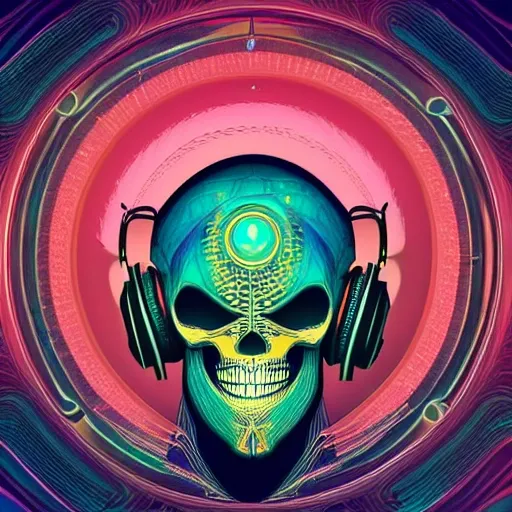 3d vector artwork ,black background, homeless pharaon punk skull alien hindu entity , 4 pairs or arms ,with headphones ,showhing middle finger with hand raised up, third eye, spritual, psychedelic, mandelbrot textures, 3d, 8k, unreal engine, ultra detailed, in the style of Android Jones And with complicated golden hexagrams and gears in the background