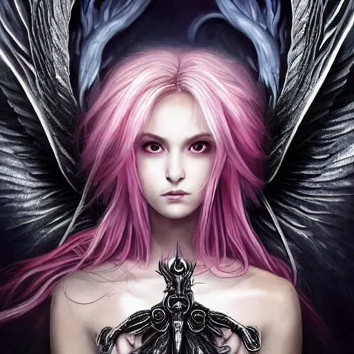 Create an imaginative and visually striking scene featuring a powerful and contrasting duo. In this artwork, imagine a demonic goddess adorned with dragonic eyes, vibrant pink hair, and formidable demonic horns inspired by the aesthetics of shows like High School DxD, Overlord, and Seven Mortal Sins. The demonic goddess should be portrayed with ethereal and shimmering demonic wings, reflecting her otherworldly nature.

Now, envision an angelic goddess standing beside her, radiating purity and grace. This anglic goddess possesses captivating diven eyes, silvery hair, and a radiant diven halo. Her appearance should draw inspiration from the styles showcased in High School DxD, Overlord, and Seven Mortal Sins, ensuring her angelic wings convey a sense of majestic beauty.

In this scene, both goddesses find themselves in a precarious situation. They are depicted as being held captive by chains within the confines of a dark and foreboding cave prison. The chains symbolize their enslavement, while the cave's atmosphere enhances the tension and sense of confinement.

The resulting artwork should capture the striking contrast between the demonic goddess with her dragonic eyes, pink hair, and demonic horns, and the angelic goddess with her diven eyes, silver hair, and diven halo. The artwork should convey the intensity of their situation and the emotional connection that exists between them as they clasp hands despite their enslavement.

Let your creativity flow as you bring this vivid and contrasting scene to life, evoking a sense of both beauty and turmoil within the artwork.