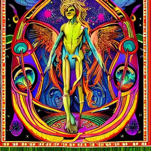 angels awake encyclical of a humanoid, in the style of psychedelic artwork, vibrant tapestries, goblincore, focus on joints/connections, fantastical creatures, celestialpunk