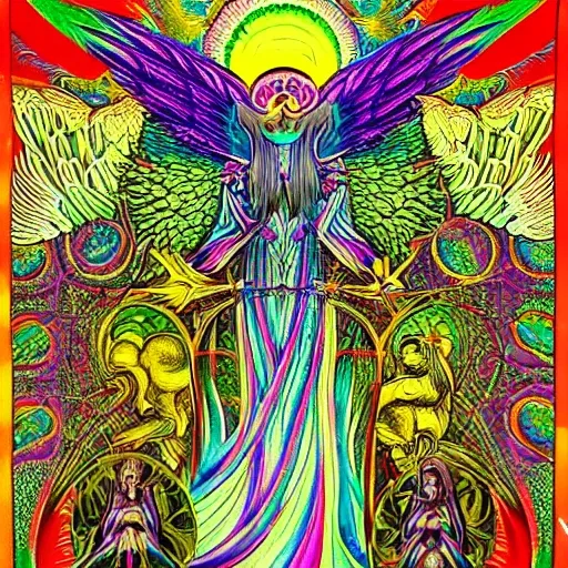 angels awake encyclical of a humanoid, in the style of psychedelic artwork, vibrant tapestries, goblincore, focus on joints/connections, fantastical creatures, celestialpunk, Trippy