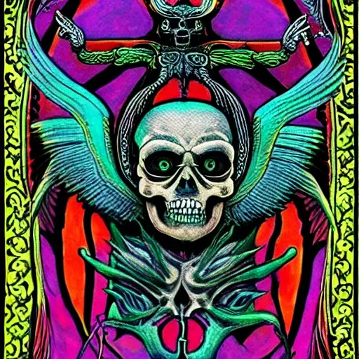 Skulleton dmt angels awake encyclical of a humanoid, in the style of psychedelic artwork by HR giger, vibrant tapestries, goblincore, focus on joints/connections, fantastical creatures, celestialpunk