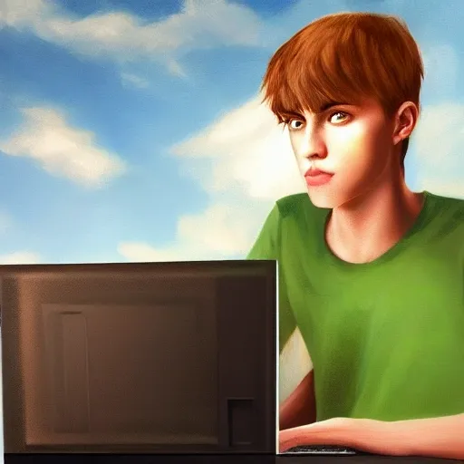 realistic IT technician, portrait european teen boy with desktop PC, extremely detailed face and eyes, beautiful scenery, perfect picture quality, bright colors, unreal engine highly rendered, oil on canvas, trending on artstation, featured on pixiv, cinematic composition, extreme detail, metahuman creator, Size: 1920x1080