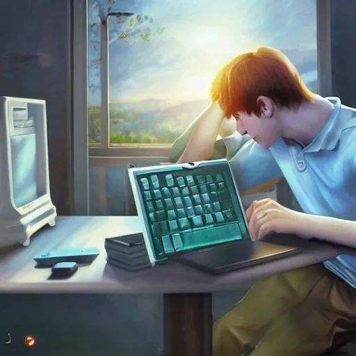 realistic IT technician, portrait european teen boy with desktop PC, extremely detailed face and eyes, beautiful scenery, perfect picture quality, bright colors, unreal engine highly rendered, oil on canvas, trending on artstation, featured on pixiv, cinematic composition, extreme detail, metahuman creator, Size: 1920x1080