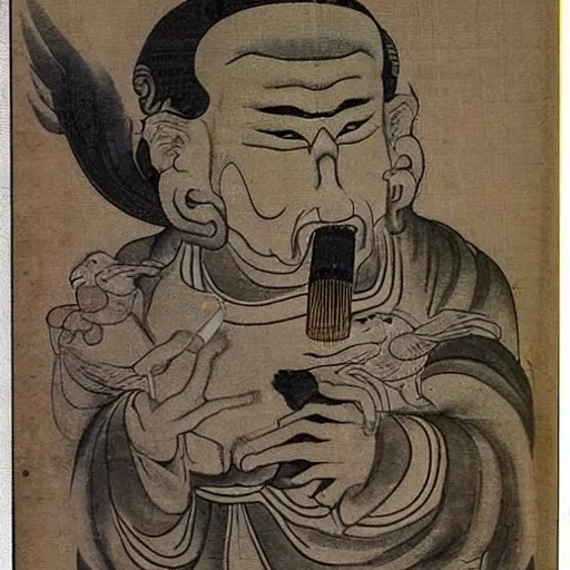 /imagine prompt: In Chinese mythology, Fu Xi is usually depicted as a creature with a human head and a bird body, holding a tablet and blowing on a leaf whistle, Provia, Tintype
