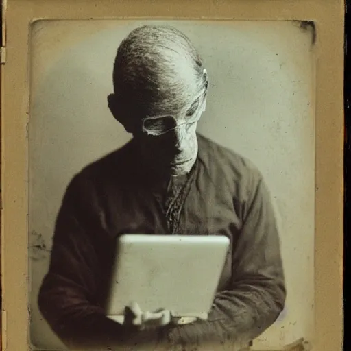 /imagine prompt: a human head and a bird body, holding a tablet and blowing on a leaf whistle, Provia, Tintype
