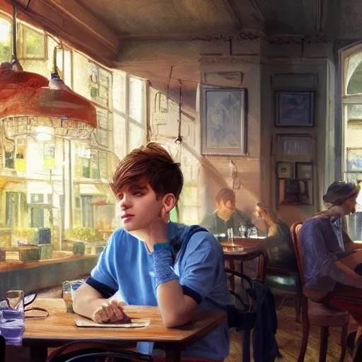 realistic cafe, portrait european teen boy, extremely detailed face and eyes, beautiful scenery, perfect picture quality, bright colors, unreal engine highly rendered, oil on canvas, trending on artstation, featured on pixiv, cinematic composition, extreme detail, metahuman creator, Size: 1920x1080