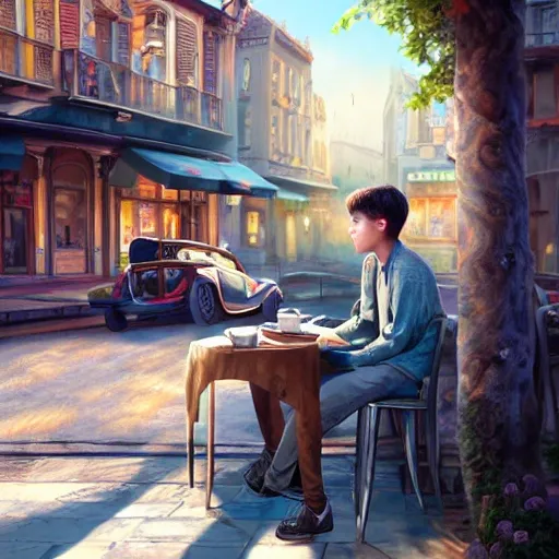 realistic cafe, portrait european teen boy, extremely detailed face and eyes, beautiful scenery, perfect picture quality, bright colors, unreal engine highly rendered, oil on canvas, trending on artstation, featured on pixiv, cinematic composition, extreme detail, metahuman creator, Size: 1920x1080