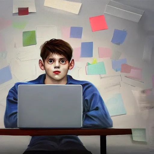 realistic office, portrait european teen boy with laptop, extremely detailed face and eyes, beautiful scenery, perfect picture quality, bright colors, unreal engine highly rendered, oil on canvas, trending on artstation, featured on pixiv, cinematic composition, extreme detail, metahuman creator, Size: 1920x1080