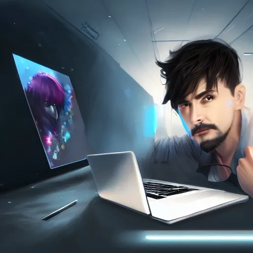 realistic desktop, portrait man hacker with laptop, extremely detailed face and eyes, beautiful scenery, perfect picture quality, bright colors, unreal engine highly rendered, oil on canvas, trending on artstation, featured on pixiv, cinematic composition, extreme detail, metahuman creator, Size: 1920x1080