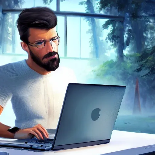 realistic desktop, portrait man hacker with laptop, extremely detailed face and eyes, beautiful scenery, perfect picture quality, bright colors, unreal engine highly rendered, oil on canvas, trending on artstation, featured on pixiv, cinematic composition, extreme detail, metahuman creator, Size: 1920x1080