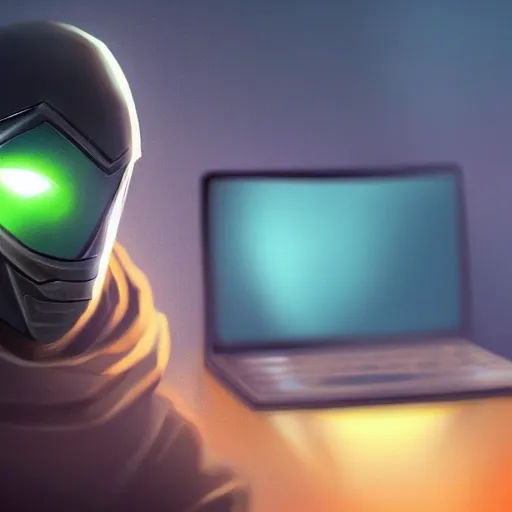realistic desktop, portrait masked man hacker with laptop, extremely detailed face and eyes, beautiful scenery, perfect picture quality, bright colors, unreal engine highly rendered, oil on canvas, trending on artstation, featured on pixiv, cinematic composition, extreme detail, metahuman creator, Size: 1920x1080