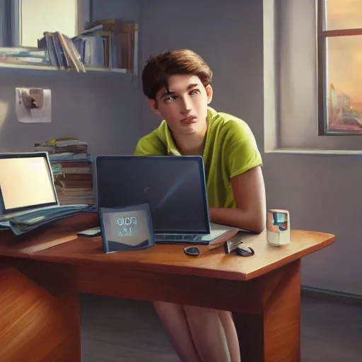 realistic office, portrait european teen boy with laptop, extremely detailed face and eyes, beautiful scenery, perfect picture quality, bright colors, unreal engine highly rendered, oil on canvas, trending on artstation, featured on pixiv, cinematic composition, extreme detail, metahuman creator, Size: 1920x1080